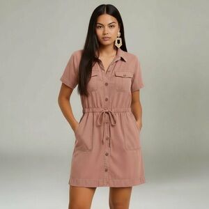 Dusty Rose Utility Shirt Dress Button Front Pockets Drawstring Waist